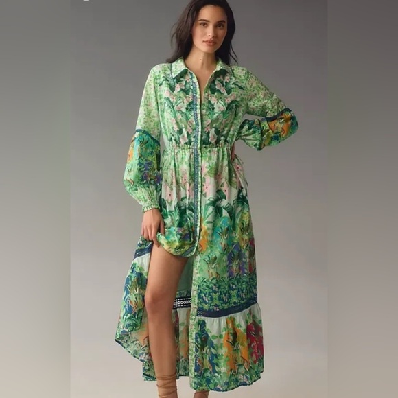 Anthropologie Dresses & Skirts - Anthropologie Cotton/Silk Blend Eleanora Maxi Green Jungle Animal Floral Dress S
